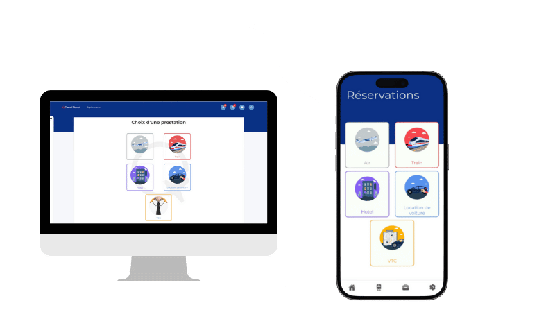 Visuel montrant le logiciel de déplacements professionnels Click & Control sur PC et sur mobile.